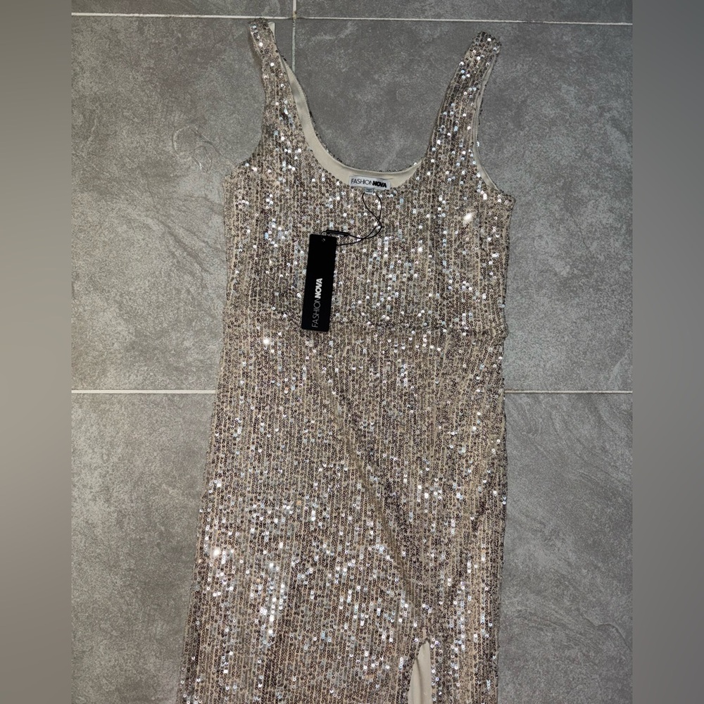 Fashion Nova Glittering Silver Maxi Dress